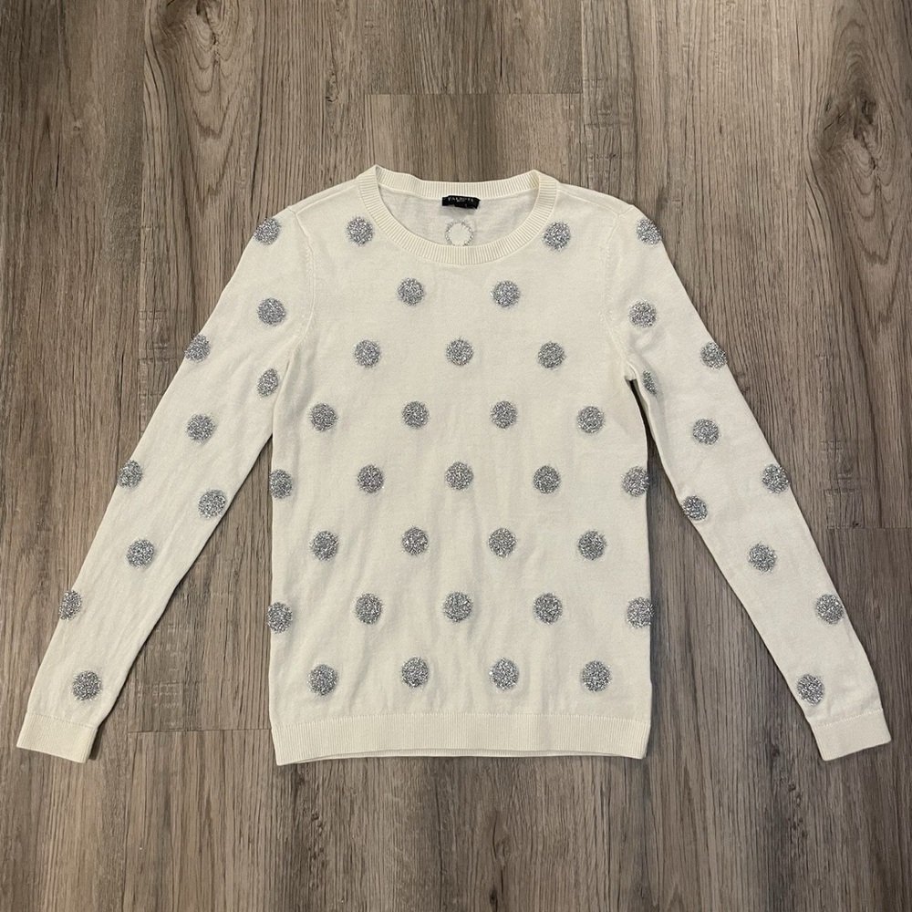 EUC Talbots Cream Sweater with Silver,Shiny Polka Dot w/Long Sleeves Scoop Neck - Picture 10 of 11